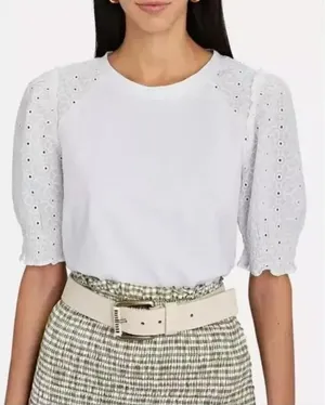 Veronica Beard Marcia White Eyelet Puff Sleeve T-Shirt Size Small thumbnail 1