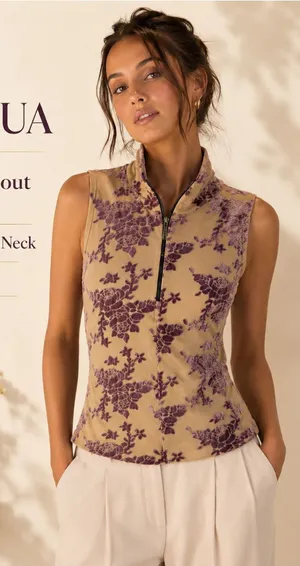 GUIHUA Floral Burnout Velvet Half Zip Mock Neck‎ Sleeveless Top Fairy Feminine thumbnail 1