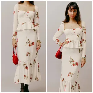 Reformation Zandra Dress American Beauty Floral Ivory Red Roses thumbnail 3