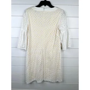 Trina Turk White Eyelet Bell Sleeve A-Line Dress Size 8 Yellow Lining Cotton thumbnail 3