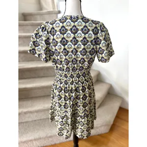 Anthropologie Milkmaid Puff Sleeve Navy Cream Yellow Mosaic Block Print Dress thumbnail 4
