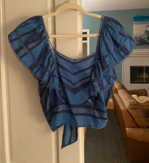 Free People Blue Stripe Ruffle Open Back Tie Top thumbnail 1