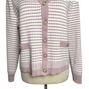 Adrianna Papell Mauve Ivory Pearl Button Striped Knit Preppy Cardigan Sweater thumbnail 4