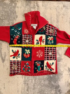 Tiara International Red Holiday Zip-Up Patchwork Sweater thumbnail 5