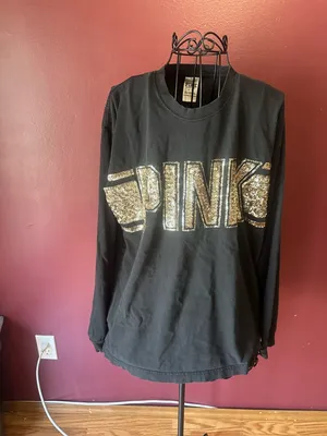Victoria's Secret PINK Black Long-Sleeve Tee with Gold Sequin Logo thumbnail 2