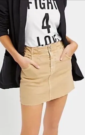 Free People Womens Corsette Skirt Sz 4 Tan Denim Mini Buckle Back Boho Raw Hem thumbnail 1