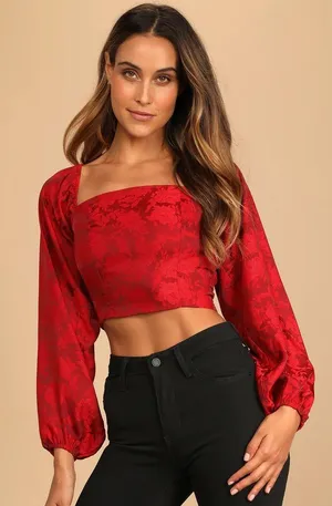Lulus Red Lace Up Jacquard Shirt thumbnail 1