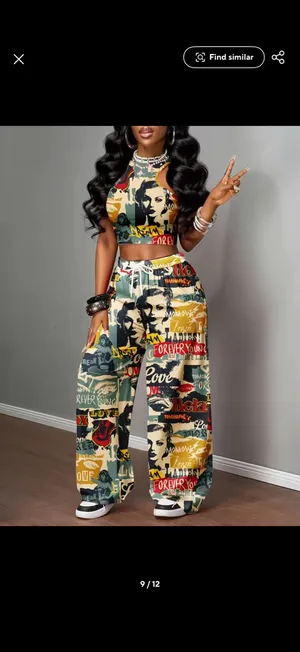 Women’s Vintage Graphic Print Crop Top & Wide-Leg Pants Two-Piece Set thumbnail 3