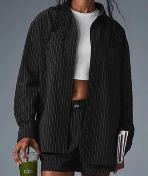 Alo Yoga Pinstripe Daylight Button Down Long Sleeve Black/Titanium L thumbnail 1