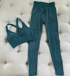 ASOS South Beach Seamless Shimmer Green Silver Leggings Sports Bra Activewear Se thumbnail 1