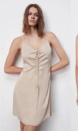 Zara Satin Ruched Beige‎ Halter Tie Shift Mini Slip Dress Size M NWT thumbnail 1