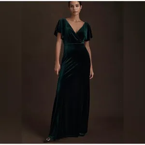 Anthropologie Jenny Yoo Ellis Gown Dark Green Velvet Flutter Sleeve Maxi Dress 4 thumbnail 3