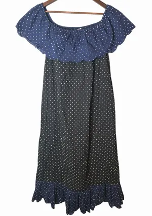 Marysia Resort Dress Black Navy White Off The Shoulder Polka Dot Scalloped Small thumbnail 1