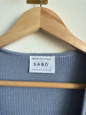 SABO Slate Blue Ribbed Knit Top Deep V Crossover Sleeveless Open Front Size S thumbnail 8