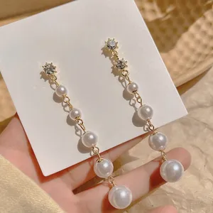 Elegant White Pearl Dangle Drop Earrings for Women thumbnail 2
