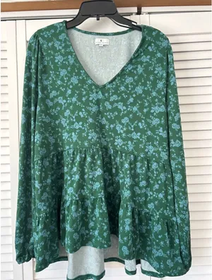 True Craft Green Floral Tiered V Neck Long Sleeve Peplum Blouse Top‎ XL thumbnail 1