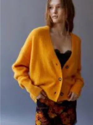 Urban Outfitters Fuzzy Cardigan sweater ochre yellow sz M 90s grunge indie sleaz thumbnail 1