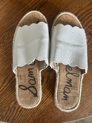 Sam Edelman White Scalloped Leather Slide Mules thumbnail 1