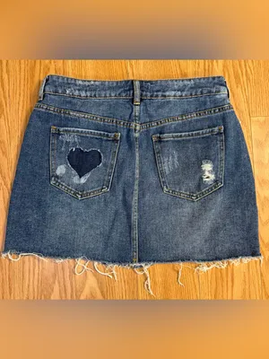 PacSun Light Blue Denim Distressed Mini Skirt with Heart Appliqués size 28 thumbnail 6