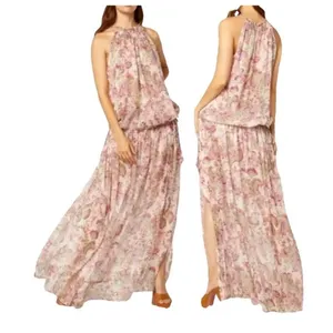 MISA Floral Halter Maxi Dress Pink Green XS/S Boho Chiffon flowy romantic whimsi thumbnail 3