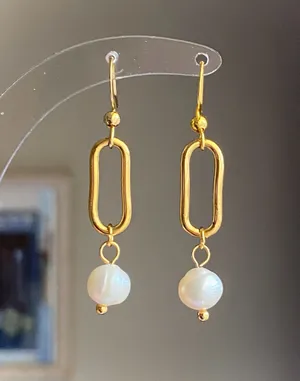 Handmade gold tone stainless steel natural shell pearls chic fairy boho vintage style dangle earrings💖 thumbnail 1