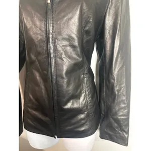 Cole Haan Womens Black Genuine‎ Lambskin Leather Wing Collar Zip Jacket Medium thumbnail 6