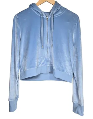 Aerie‎ Real Good Velour Full Zip Hoodie Light Blue Cropped Sweatshirt Large thumbnail 1
