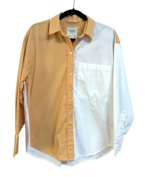 Abercrombie Fitch Colorblock Oversized Button Down Shirt XS White‎ Tan Orange thumbnail 1