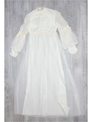 Vintage 1960s / 70s sheer tulle wedding dress white cream w/ long detail sleeves thumbnail 2
