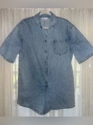 Mable Light Wash Short Sleeve Collar Shirt Pocketed Denim Short Romper S thumbnail 3