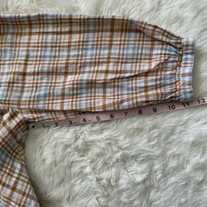 Free People Top Button Back Puff Sleeve Plaid Tan Blue S thumbnail 10