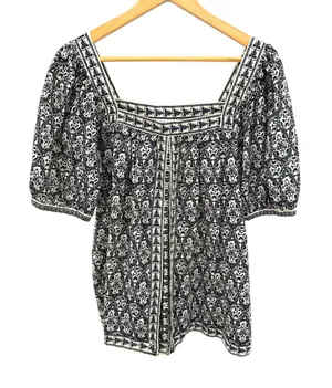 Max Studio Square Neck Puff Sleeve Blouse L Black White Floral Tile Medallion thumbnail 1