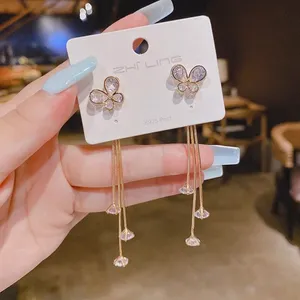 Women's Crystal Butterfly Long Tassel Dangle Drop Earrings thumbnail 3