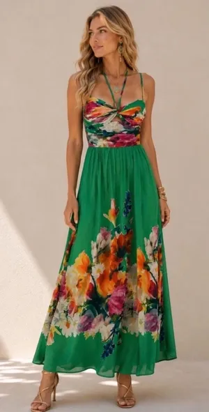 Betsy & Adam Green Floral Placement Print Tie Neck Maxi Dress A26401 GNM Size 8 thumbnail 1