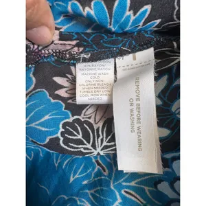Loft Floral Border Print Split Neck Blouse Black Blue Boho Top Medium thumbnail 8