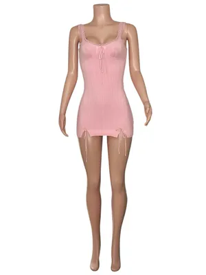 GUIZIO Dainty Lace Knit Mini Dress, Baby Pink, XS thumbnail 7