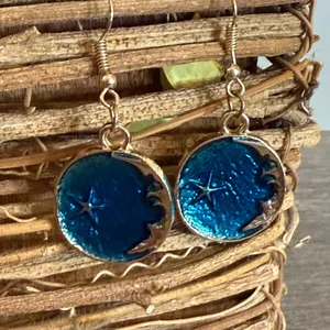 Dangling Earrings Gold Tone Celestial Blue Space thumbnail 2