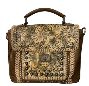 Montana West Studded Tooled Faux Leather Top Handle & Shoulder Strap Cowgirl Bag thumbnail 1