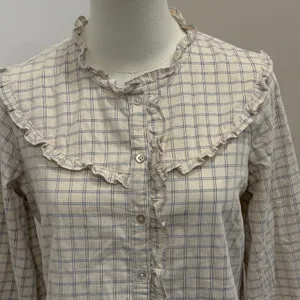 Fat Face Corduroy Ruffle Bib‎ Blouse Cream Blue Windowpane Plaid Size 4 Cottage thumbnail 3
