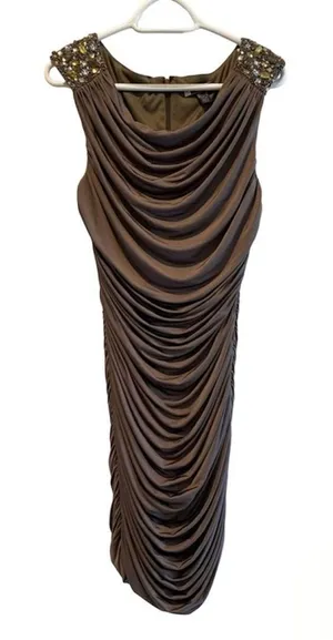 JS Boutique Cocktail‎ Dress Brown Beaded Shoulder Ruched Bodycon Womens Size 10 thumbnail 1
