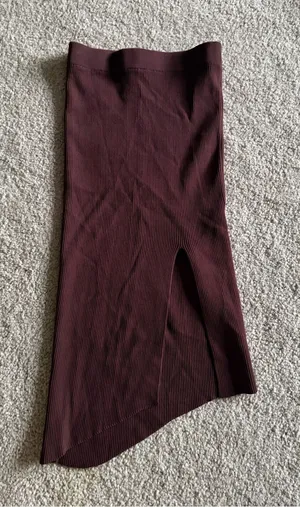 White fox boutique brown ribbed knit midi asymmetrical midi skirt size xs thumbnail 1