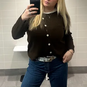 SHEIN asymmetrical diagonal button down brown sweater thumbnail 3