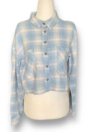 Timing Women's Blue Plaid‎ Flannel Cropped Long Sleeve Button Down Shirt Small thumbnail 1