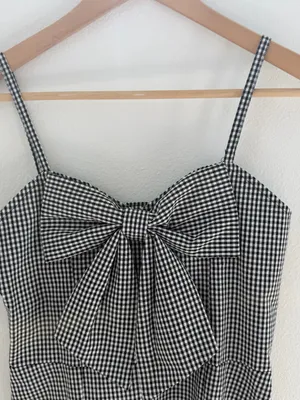 Japanese Gingham Bow Front Midi Dress Black White Size M thumbnail 3