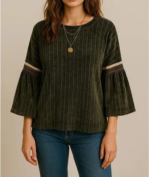 THML Women Chenile Knit‎ Sweater XS Green Boho Western Ribbed Bell Sleeve Preppy thumbnail 1