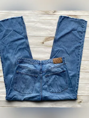 H&M ultra high waist wide leg denim jeans medium wash raw frayed hems 12 thumbnail 4