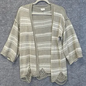 POL Sweater Women's Small Gray White Striped Knit Cardigan Frayed‎ Open Front thumbnail 2