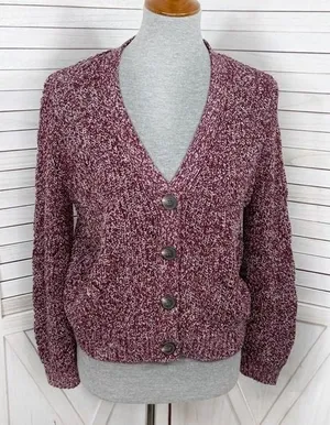 Old Navy‎ Marled Pointelle Knit V Neck Crop Cardigan Sweater Burgundy Red Small thumbnail 1