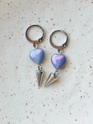 Handmade Czech glass heart & spike dangle earrings💜🩵💙 thumbnail 5