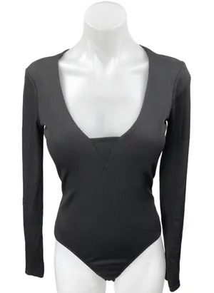 Free People Women's Black Rib Knit Scoop Neck Long Sleeve Bodysuit Top Size S thumbnail 1